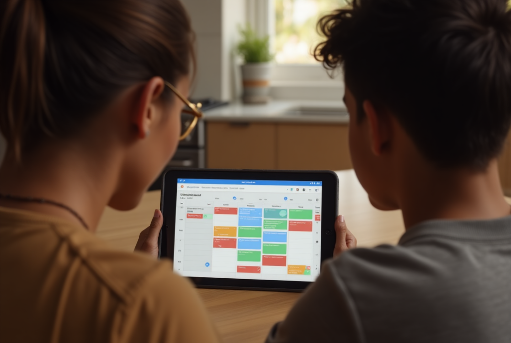 Mãe e filho organizando rotina de estudos com Google Agenda
