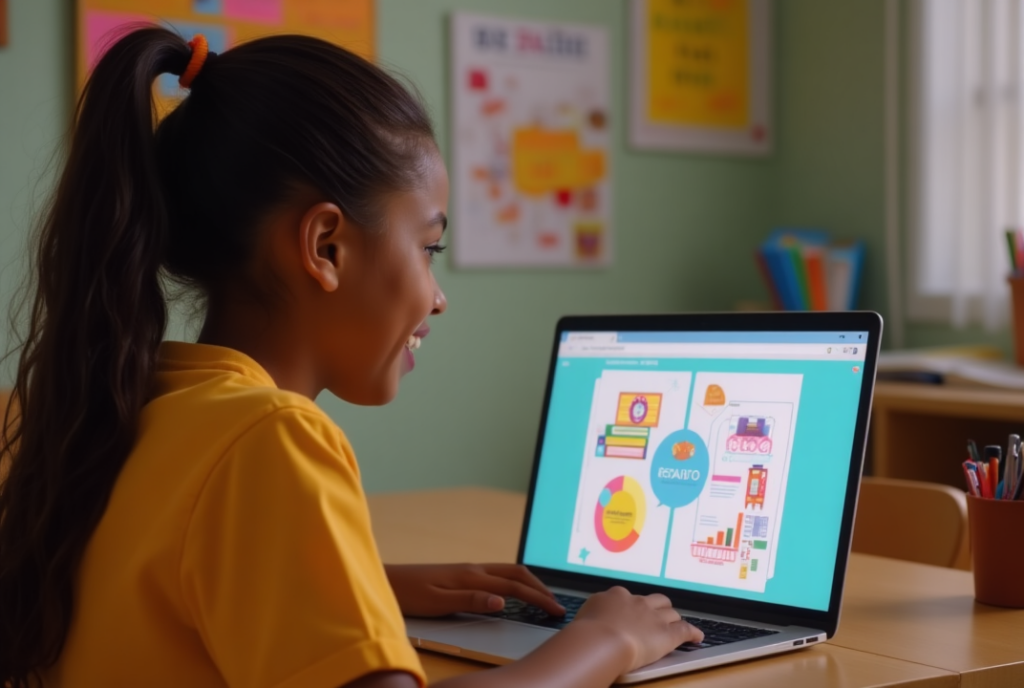 Estudante usando Canva para criar resumo visual escolar