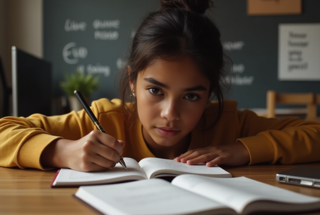 Estudante escrevendo metas de estudo com motivação