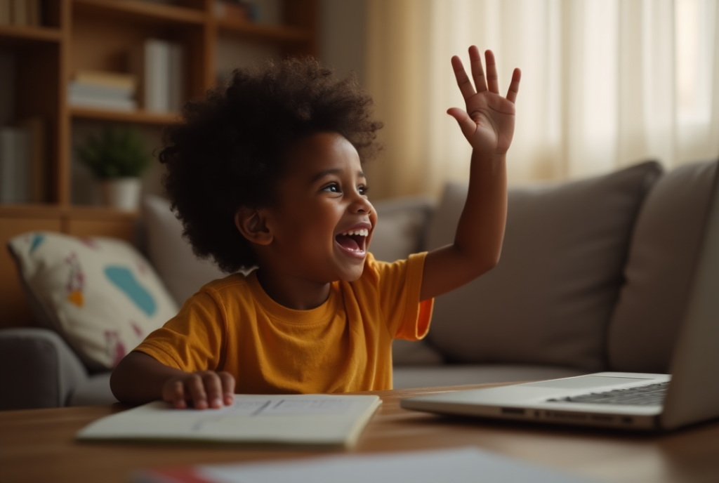 Aluno comemorando conquista em aula de reforço escolar