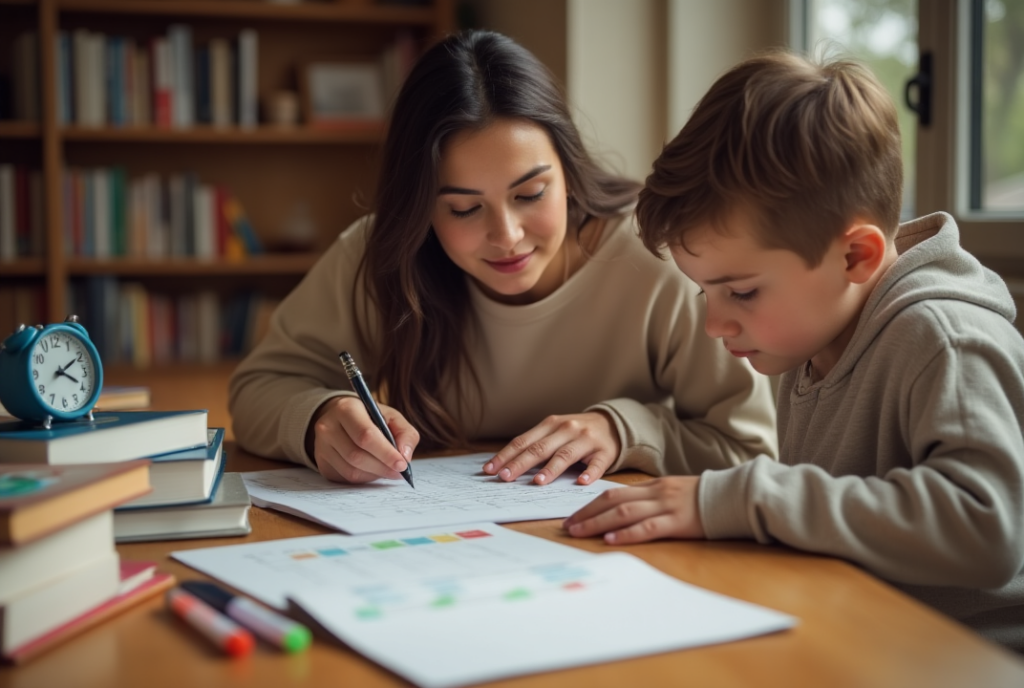 Mãe ajudando filho a criar cronograma de estudos disciplinado