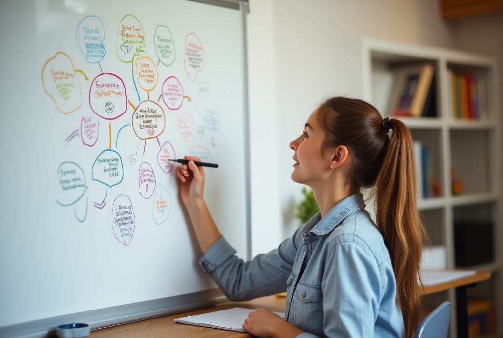 Estudante usando mapa mental para revisar conteúdo escolar